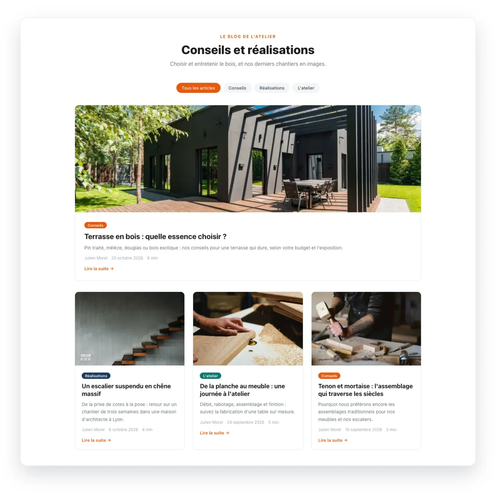 La page Blog d'un site en présentation magazine : un article à la une, puis les suivants en grille