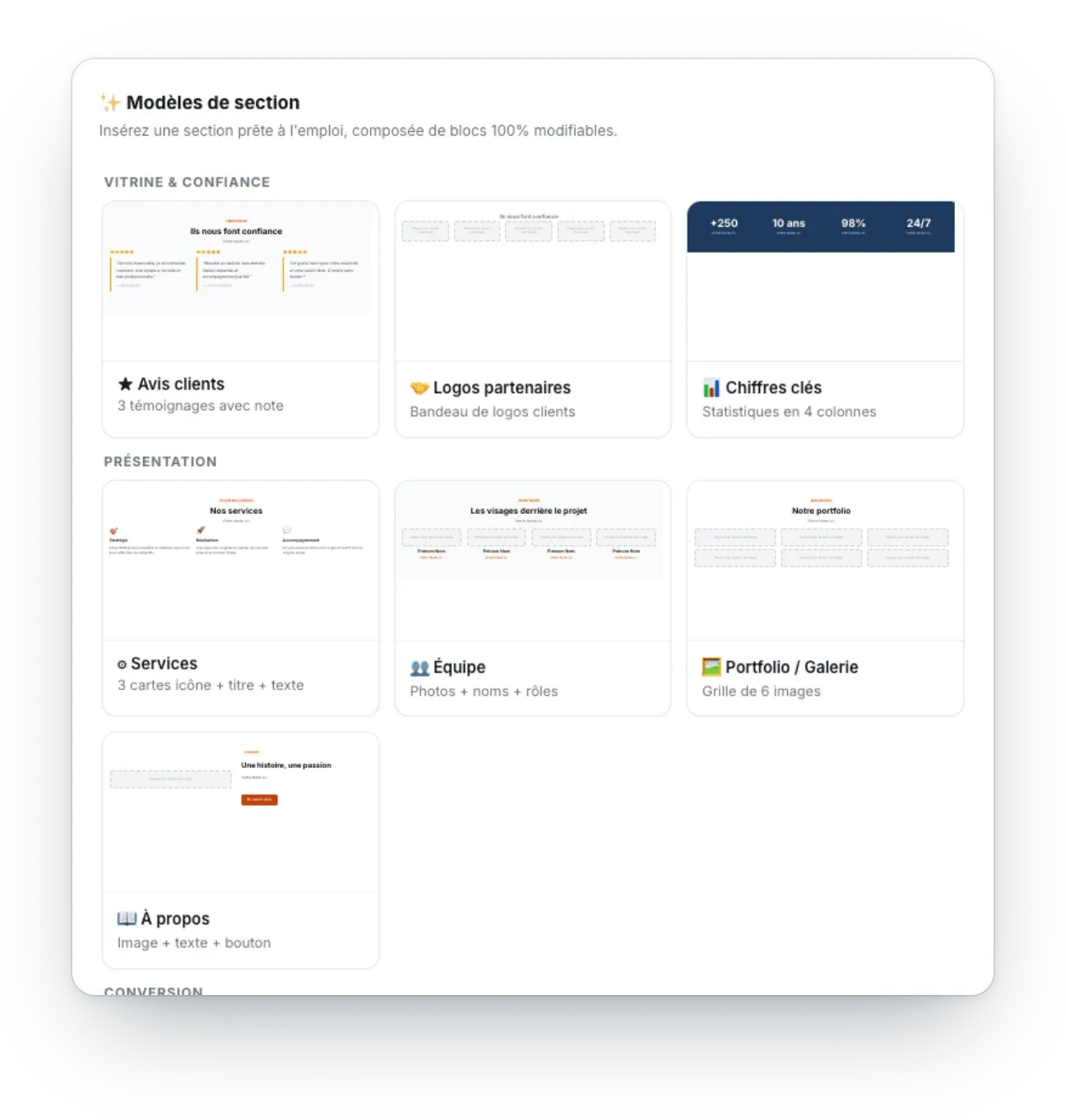 La fenêtre des modèles de section : avis clients, logos partenaires, chiffres clés, services, équipe