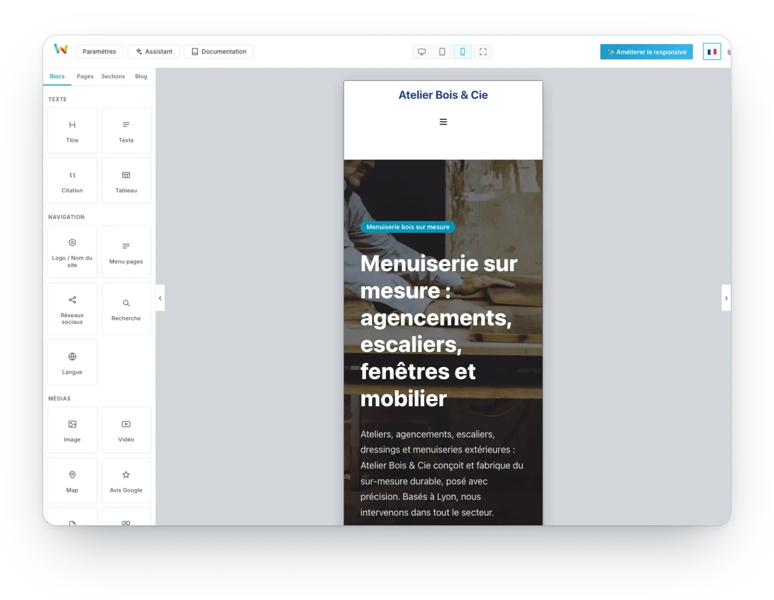 Der WSiteBuilder-Editor in der Smartphone-Ansicht, mit dem Button „Responsive verbessern“